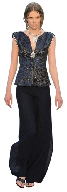 Chanel 12c Leather Crystal Jewel Buttons Sleeveless Vest 36 Fr Navy Blue Top 