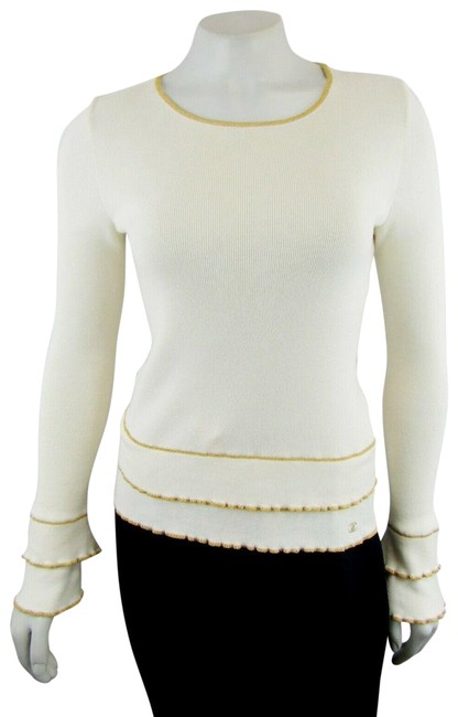 Chanel 38 6 Ribbed Knit Cream Gold Trims Cc Logo Cotton Beige Sweater 