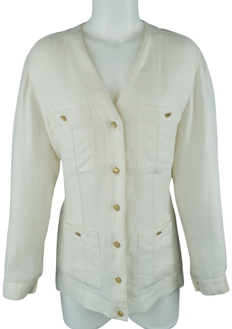 Chanel Beige Cream Linen V Neck Patch JacketS 