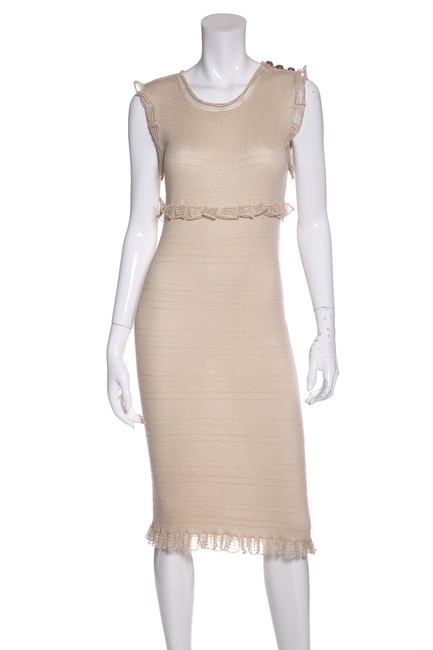 Chanel Beige Knit Ruffle Trim Mid length Night Out Dress