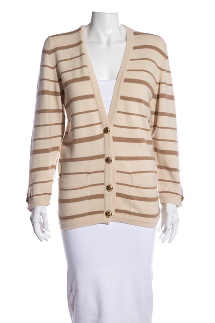 Chanel Beige Stripe Vintage Cashmere Cream Sweater 