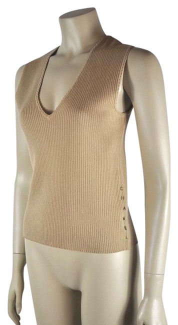 Chanel Beige V Neck Sleeveless Wool Vest Cardigan Tank Top Cami  S 