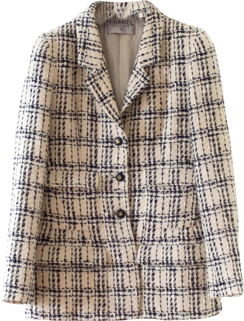Chanel Beige Vintage Spring 1995 Black Plaid Check 95p Tweed BlazerS 