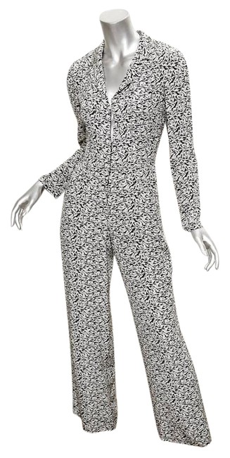 Chanel Black 03c Womens White Geometric Print Silk Long Sleeve Romper Jumpsuit 