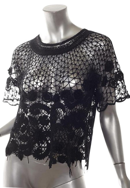 Chanel Black 06p Womens Knit Floral Lace Short Sleeve Blouse  S 
