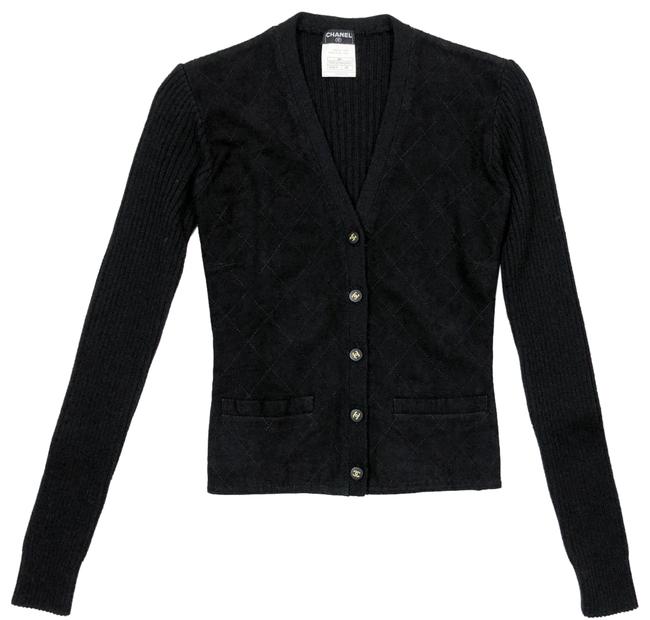 Chanel Black 96a Quilted Suede Cc Logo Button Sweater CardiganS 