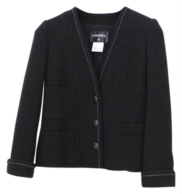 Chanel Black &amp White Wool with Camellia Buttons 40 Jacket  S 