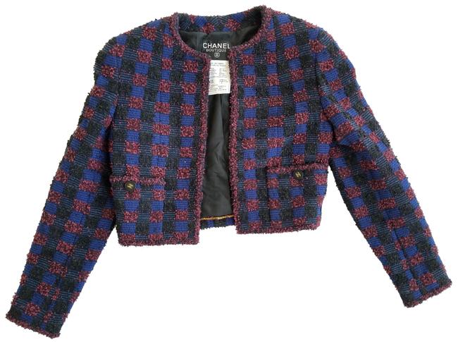 Chanel Black Blue and Burgundy Checkered Boucle Cropped JacketS 