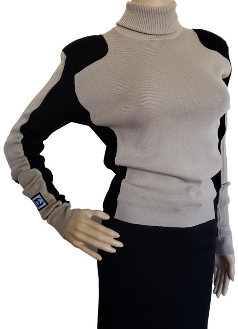 Chanel Black Interlocking Cc Wool Knit Beige Sweater 