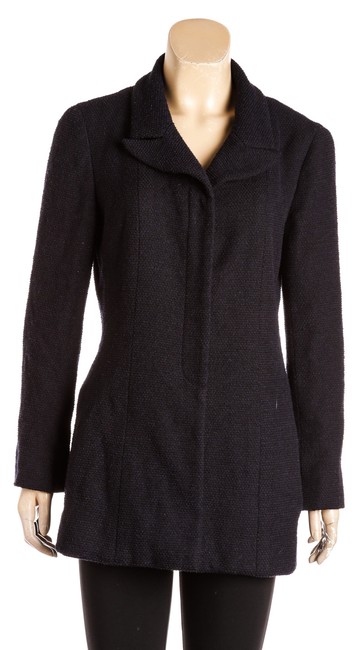 Chanel Black Navy Blue Tweed Mid length Jacket Blazer