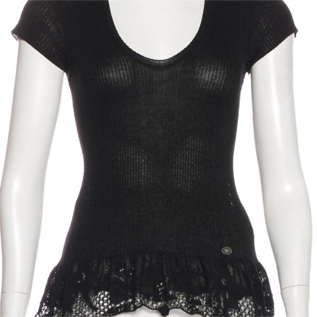 Chanel Black Rib knit Short Sleeved with Accented Trim Blouse  S 