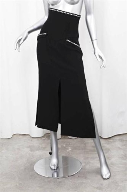 Chanel Black Silk White Leather Trim Highwaisted Vented Hem Long Skirt Sz38 