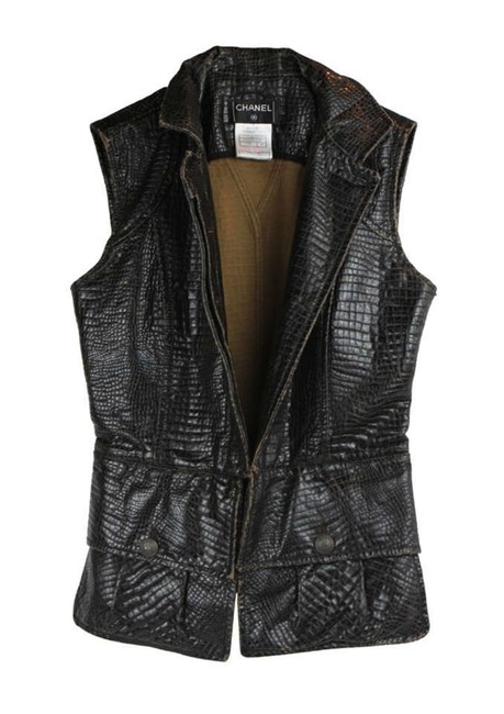 Chanel Sleeveless Croc Embossed Jacket Black Top 