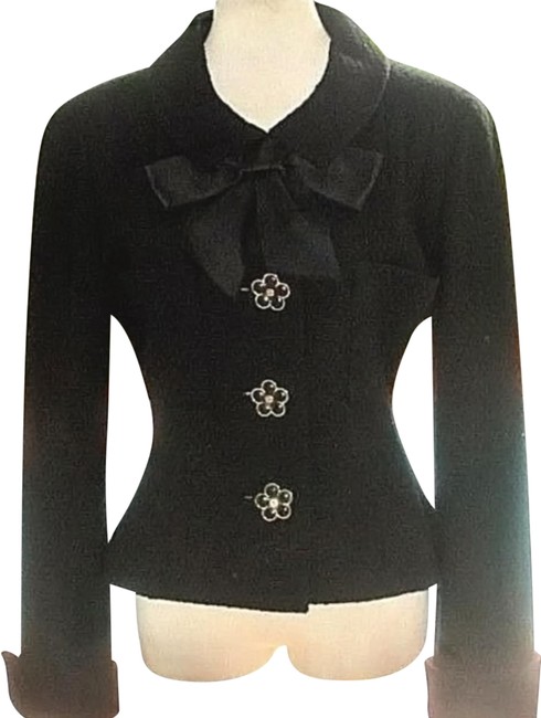 Chanel Black Spring 1991 Vintage Flower Button Bow Blazer  S 