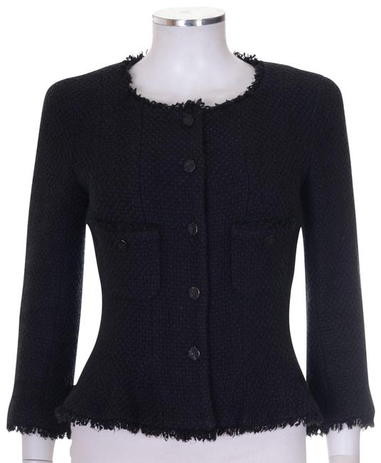 Chanel Black Tweed Fringe 3 4 Sleeve Coat Jacket  S 