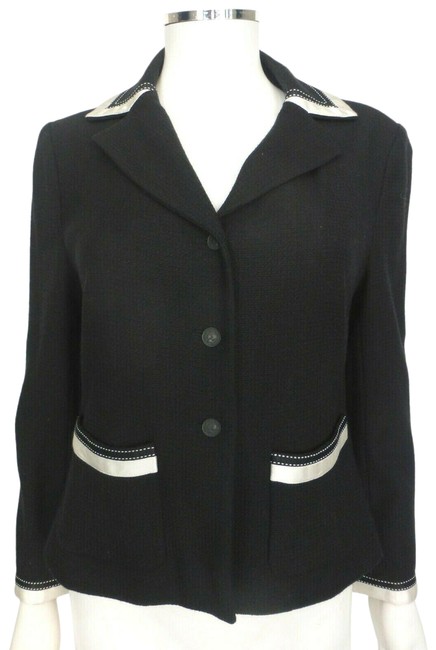 Chanel Black W Textured W White Satin Piping Eu 42 Blazer  S 