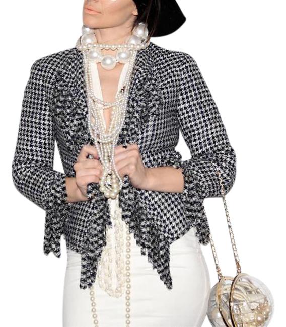 Chanel BlackWhite 07p Silk &amp Wool Fringe Blazer JacketS 