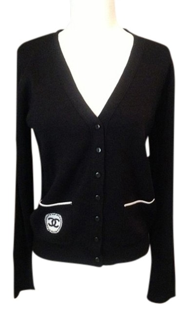 Chanel Black White Cc Logo Wool Cardigan Sweater JacketS 