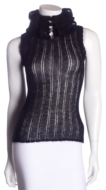 Chanel Black Wool Sleeveless Ruffle Turtleneck BlouseS 