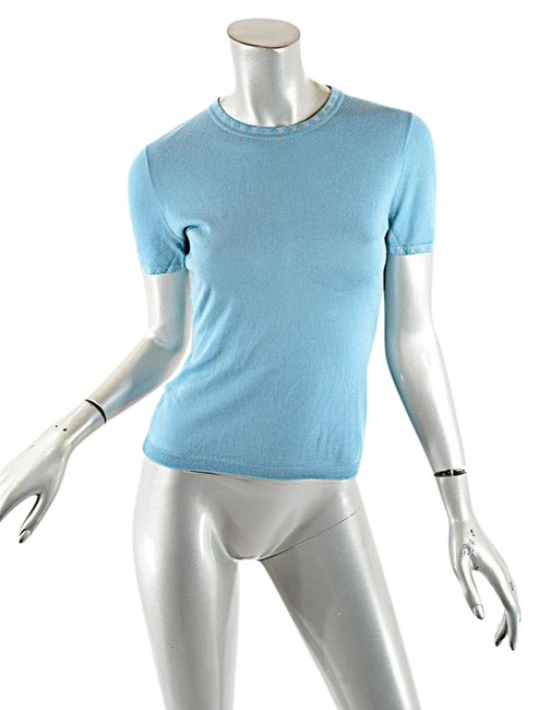 Chanel W Cashmere Tee W Logo Around Collar Sleeve Blue Sweater 