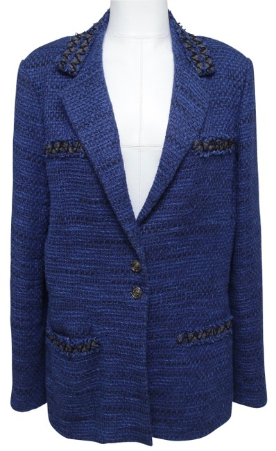 Chanel Blue Jack Coat Vest Tweed Black Long Sleeve 2009 48 Blazer