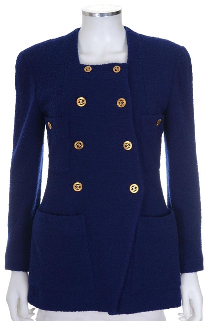 Chanel Blue Tweed Boucle Gold Cc Buttons Coat Jacket  