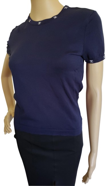 Chanel Blue White Interlocking Cc Vintage Knit BlouseS 