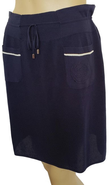 Chanel Blue White Navy Interlocking Cc Silk blend Skirt  29 30 