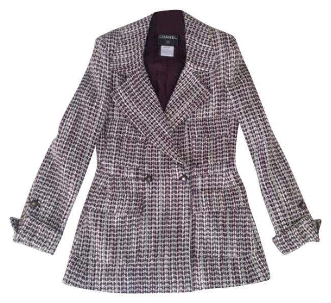Chanel Brown Cranberry White Tweed Double Breasted Jacket Blazer 0 M 