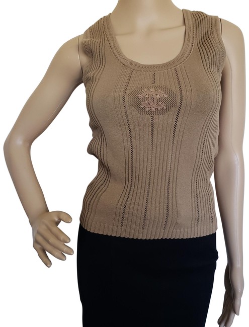 Chanel Brown Interlocking Cc Rib Knit Sleeveless Blouse  S 