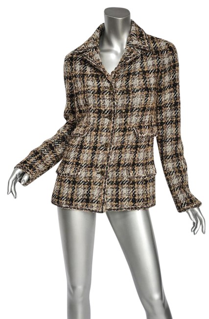 Chanel Brown Mohair+silk Plaid Tweed Blazer 4 button Blazer Coat Jacket  S 