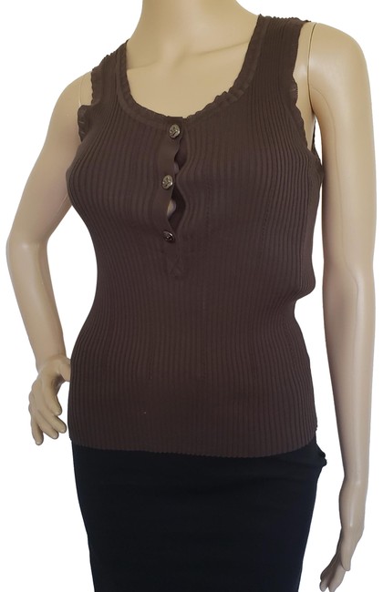 Chanel Brown Olive Green Interlocking Cc Sleeveless Rib Knit Blouse  S 