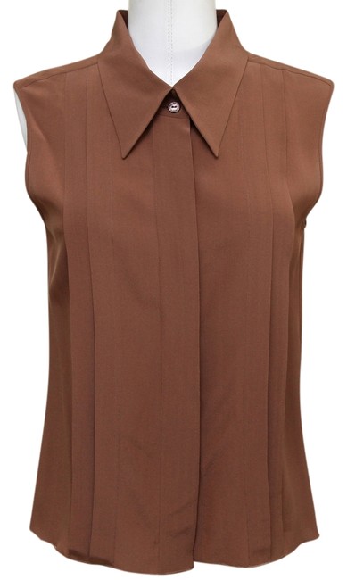 Chanel Brown Silk Blouse Shirt Sleeveless Classic Button down Top