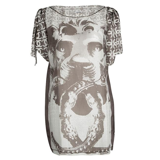 Chanel Brown L White Lion Printed Cold Shoulder Tie Detail Tunic