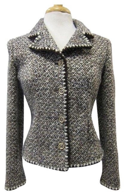 Chanel Brown White Classic Tweed Jacket Blazer  S 