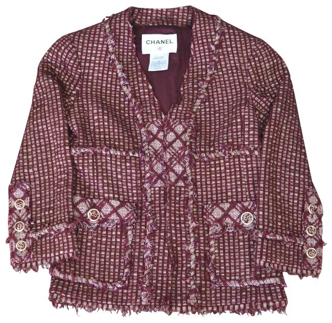 Chanel Burgundy 08p Tweed Lesage Fringe Ribbon Blazer Jacket
