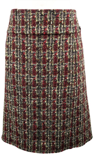 Chanel Burgundy Green Wool Blend Boucle Tweed A Line Skirt 4 L 34 