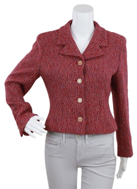 Chanel Burgundy Tweed Wool Button Down Blazer
