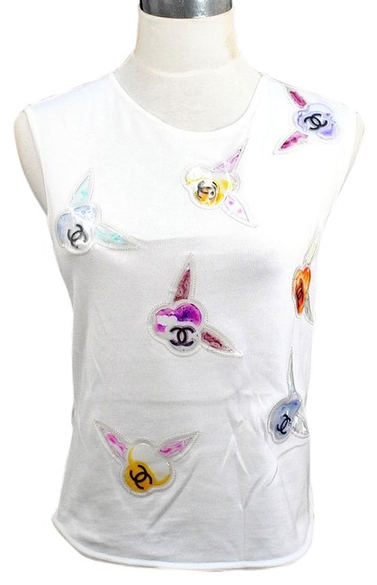 Chanel Camisole Ecru Camelia Print Lame 38 Tank Top CamiS 