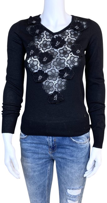 Chanel Cashmere Mesh Floral Applique Black Sweater 