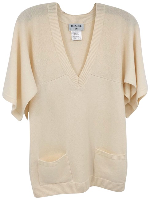 Chanel Cashmere V Neck Short Sleeve Cream Sweater 
