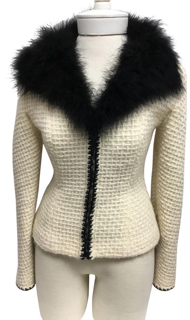 Chanel Cream Front with Black Marabou Collar CardiganS 