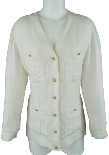 Chanel Cream Linen V Neck Patch Pocket Jacket BlazerS 