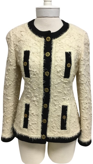 Chanel Cream Tweed with Black Trim and Gold Cc Logo Buttons Jacket  S 