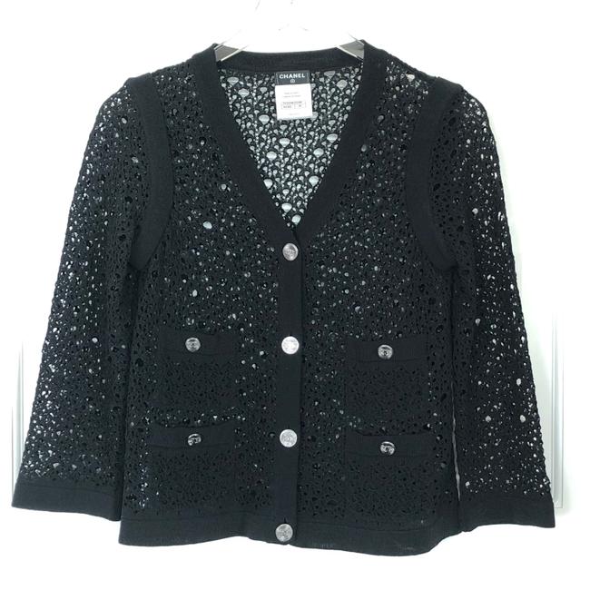 Chanel Crocheted Cardigan Logo Buttons Made In France Black Sweater 