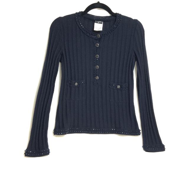 Chanel Embellished Long Sleeve Navy Sweater 