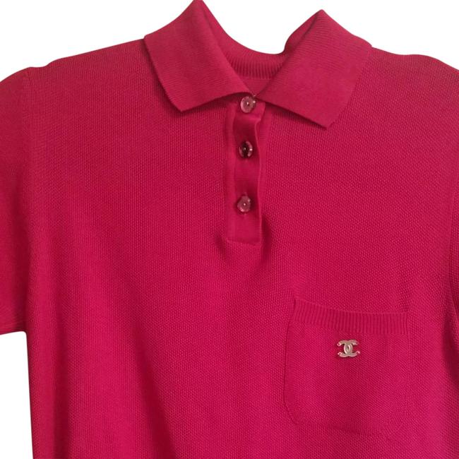 Chanel Fuscia 4 6 Silk Woven Polo Style Blouse  S 