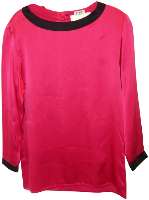 Chanel Fuscia Vintage Black Silk Long Sleeve Blouse  S 