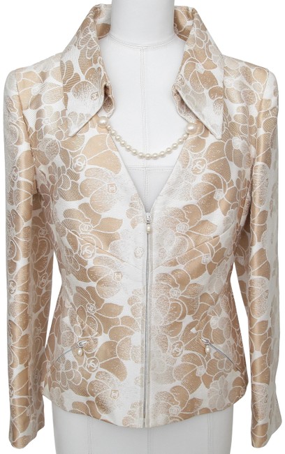 Chanel Gold Jacket Coat Camellia Cream Pearl 42 Spring 2001 Blazer 0 M 