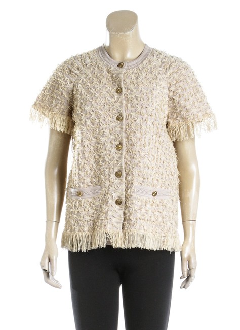 Chanel Gold Knit Short Sleeve Fringe 38 486327 BlouseS 
